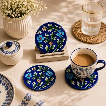 Jaipur Bloom Blue Pottery Coaster Set