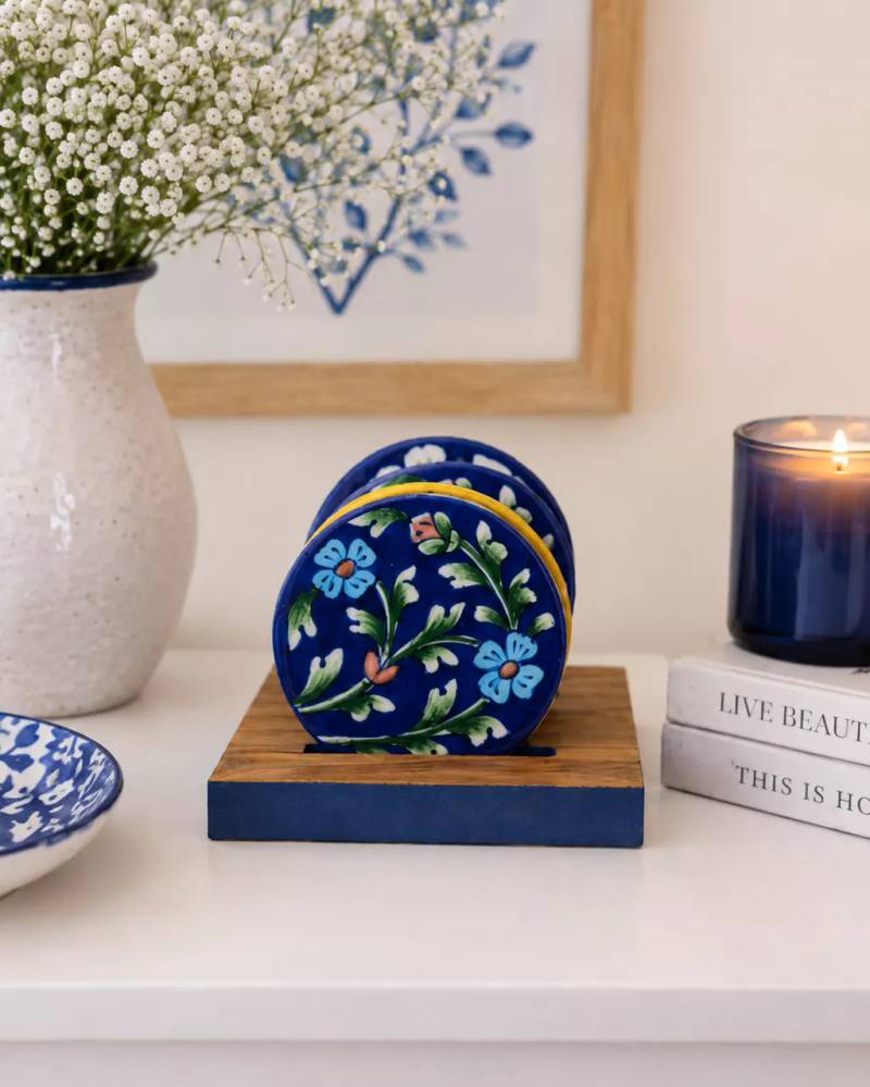 Jaipur Bloom Blue Pottery Coaster Set