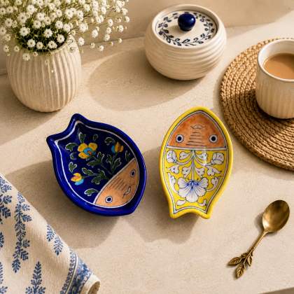 Aqua Bloom Blue Pottery Fish Spoon Rest Set