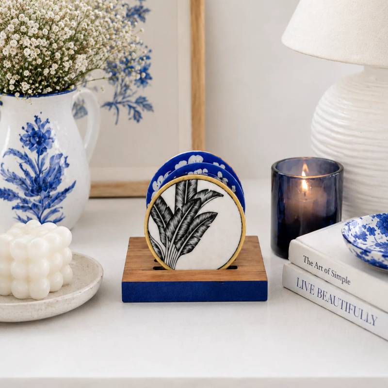 Miniature Art Blue Pottery Coaster with Stand