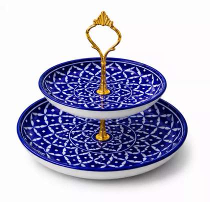 Geometry-Inspired Blue Pottery Two-Tier Cake & Snack Stand. Bottom Plate: 10" | Top Plate: 8" | Premium Brass Stand (Gold & Silver Finish Available)