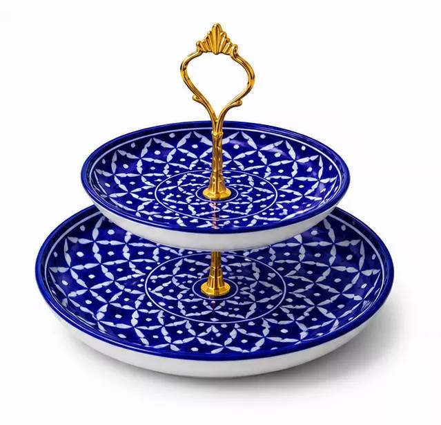 Geometry-Inspired Blue Pottery Two-Tier Cake & Snack Stand. Bottom Plate: 10" | Top Plate: 8" | Premium Brass Stand (Gold & Silver Finish Available)