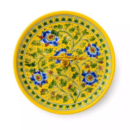 Floral Yellow Blue Pottery Two-Tier Cake & Snack Stand. Bottom Plate: 10" | Top Plate: 8" | Premium Brass Stand (Gold & Silver Finish Available)