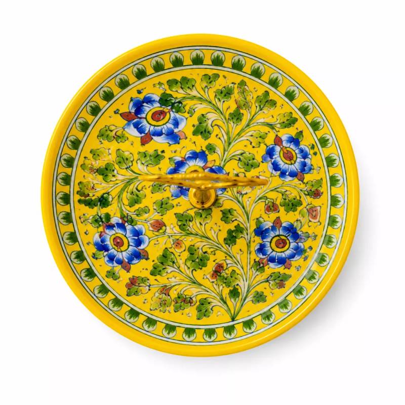 Floral Yellow Blue Pottery Two-Tier Cake & Snack Stand. Bottom Plate: 10" | Top Plate: 8" | Premium Brass Stand (Gold & Silver Finish Available)