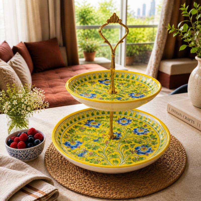 Floral Yellow Blue Pottery Two-Tier Cake & Snack Stand. Bottom Plate: 10" | Top Plate: 8" | Premium Brass Stand (Gold & Silver Finish Available)