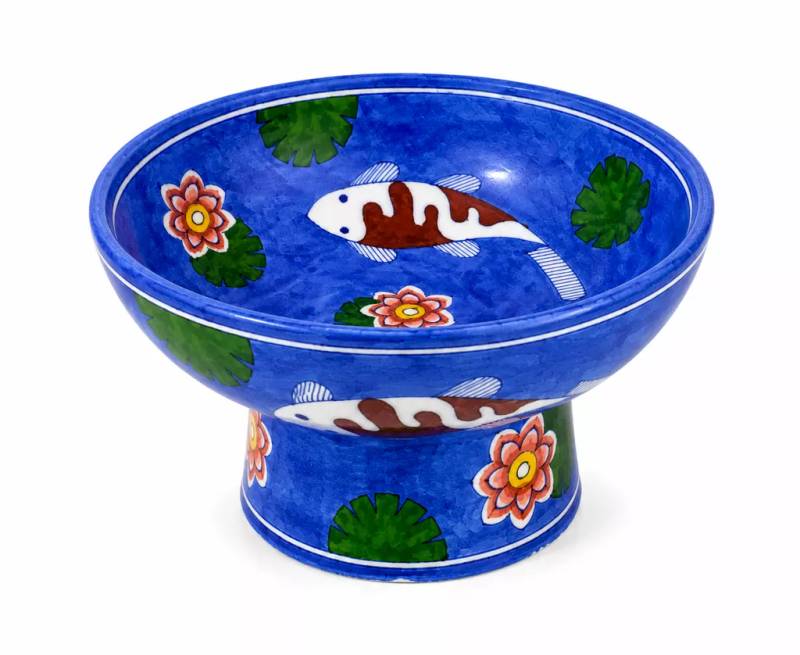 Aqua Bloom Handcrafted Blue Pottery Pedestal Fruit Bowl. Diameter: 8" | Height: 5" | Depth: 5"