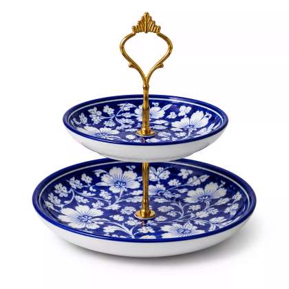 Blue Floral 2-Tier Snack & Dessert Stand. Bottom Plate: 10" | Top Plate: 8" | Premium Brass Stand (Gold & Silver Finish Available)