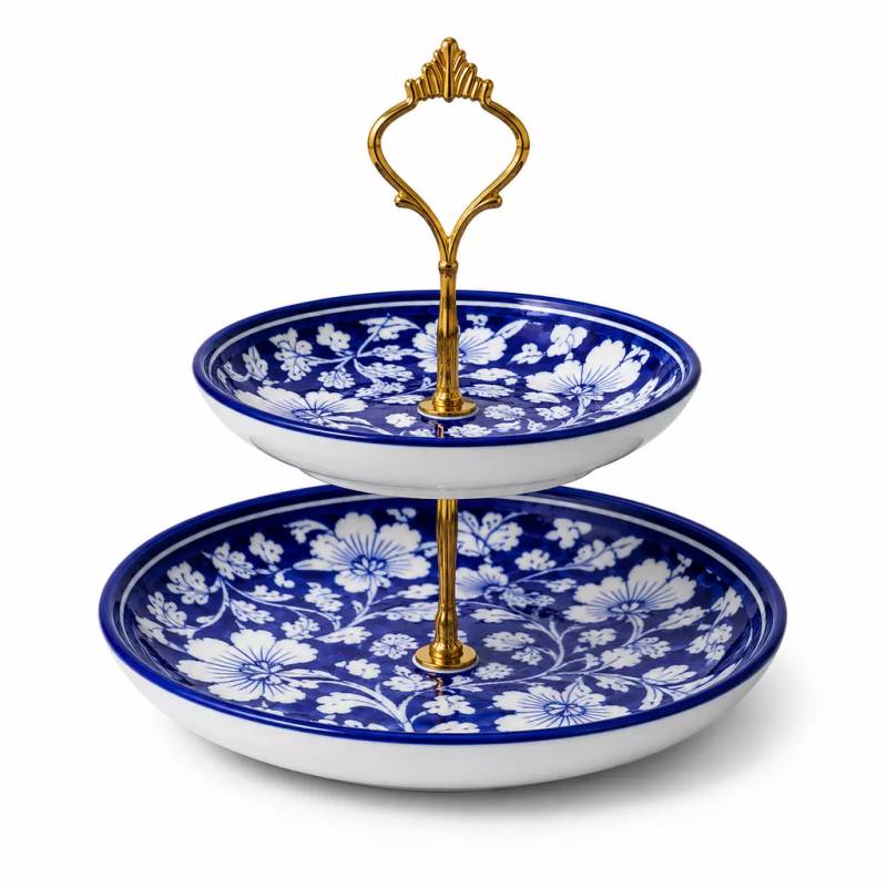 Blue Floral 2-Tier Snack & Dessert Stand. Bottom Plate: 10" | Top Plate: 8" | Premium Brass Stand (Gold & Silver Finish Available)