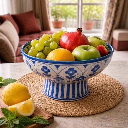 Jaipur Bloom Blue Pottery Pedestal Fruit Bowl