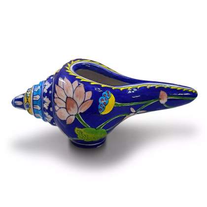 Lotus Heritage Blue Pottery Lotus Shankh (Conch). Length: 10" | Height: 5" | Width: 5"