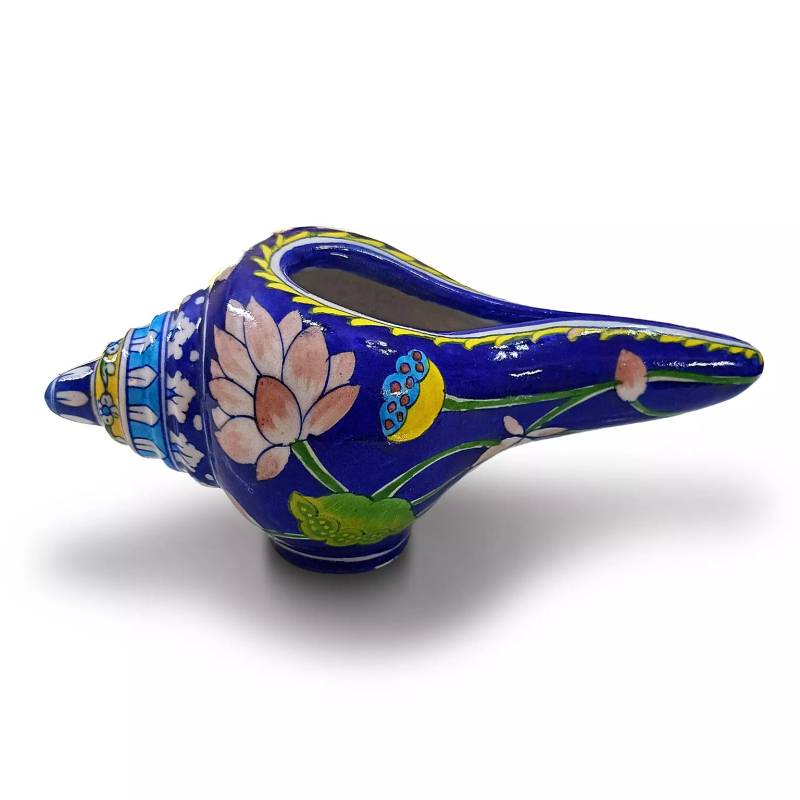 Lotus Heritage Blue Pottery Lotus Shankh (Conch). Length: 10" | Height: 5" | Width: 5"