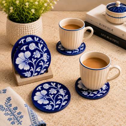 Jaipur Bloom Blue Pottery Coaster Set (Big Flower). Set of 4 | Diameter: 4"