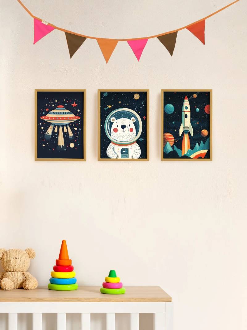 The Mini Magic Edit N, Kids Wall Art Set with 3 Framed Canvas Prints & Bunting