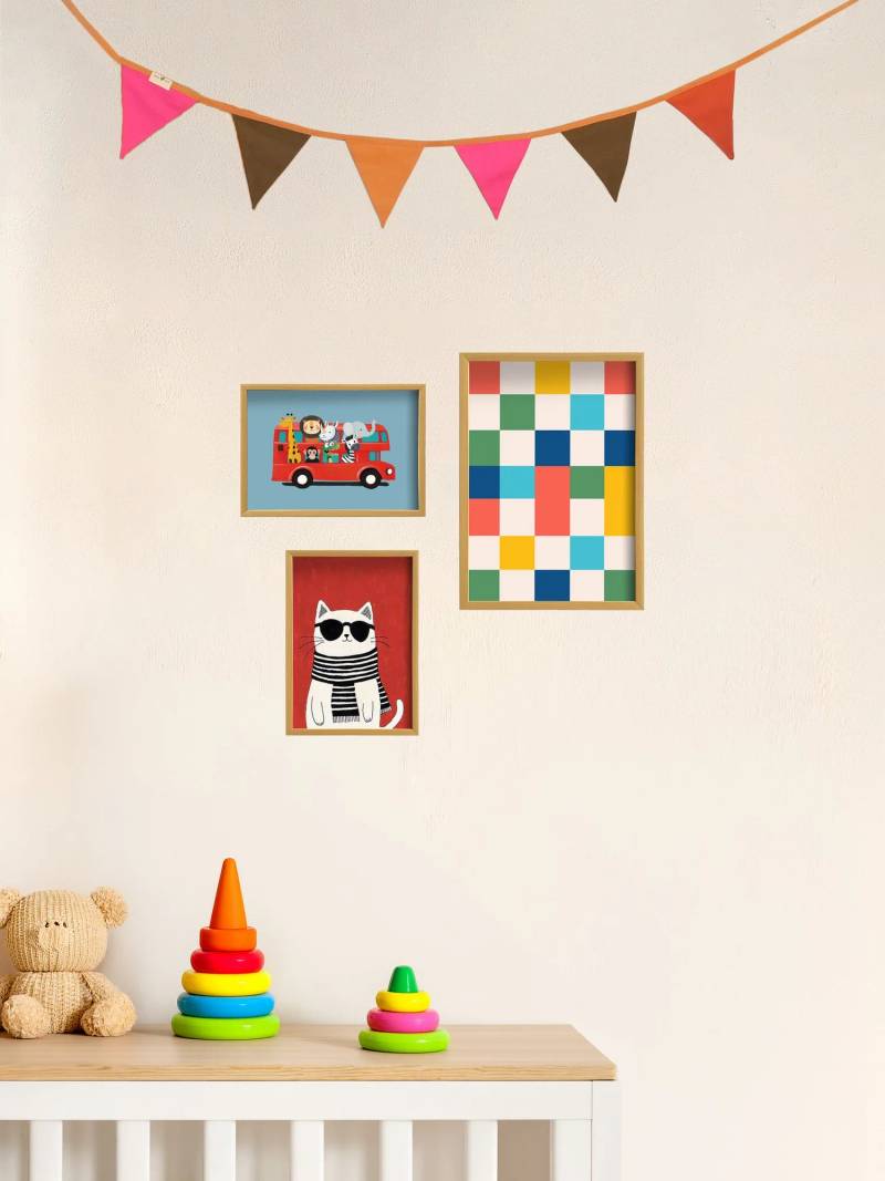 The Mini Magic Edit Q, Kids Wall Art Set with 3 Framed Canvas Prints & Bunting