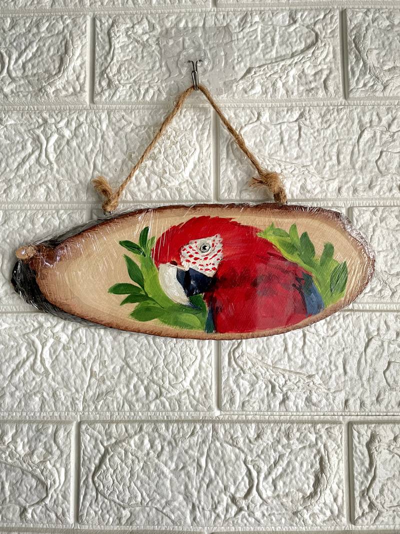 Scarlet Macaw Acyclic Painting on Wooden Hanging