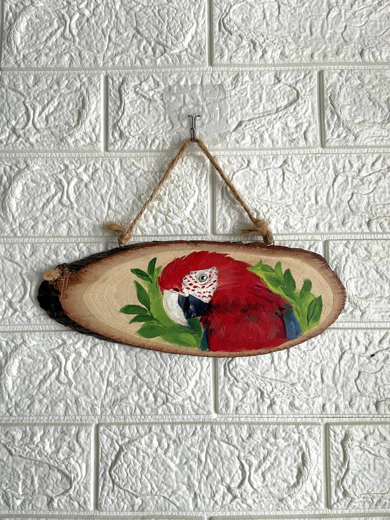Scarlet Macaw Acyclic Painting on Wooden Hanging